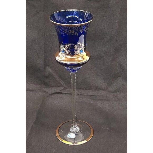 Vintage Blue Balboa Venetian Gold Gilded Crystal Twisted Stem Wine Glass With In - Picture 2 of 5